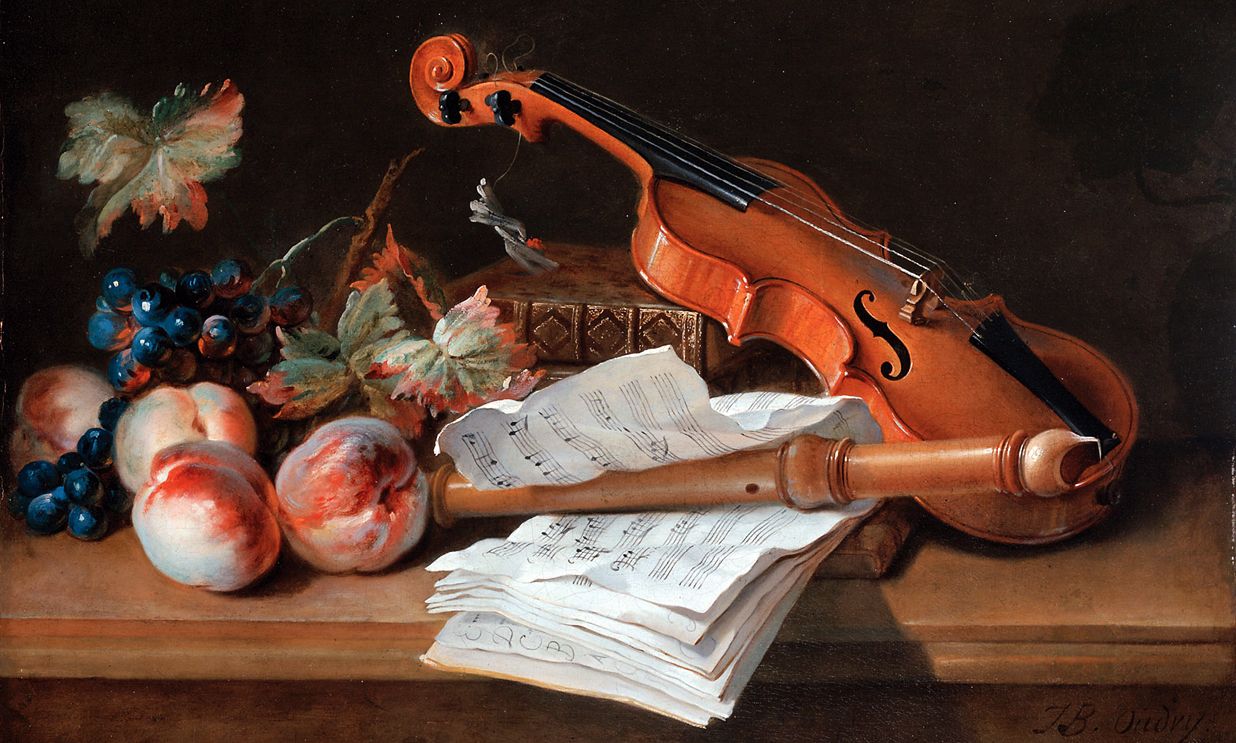 Still Life with a Violin, a Recorder, Books, a Portfolio of Sheet of Music, Peaches and Grapes on a Table Top by Jean-Baptiste Oudry (18th century)