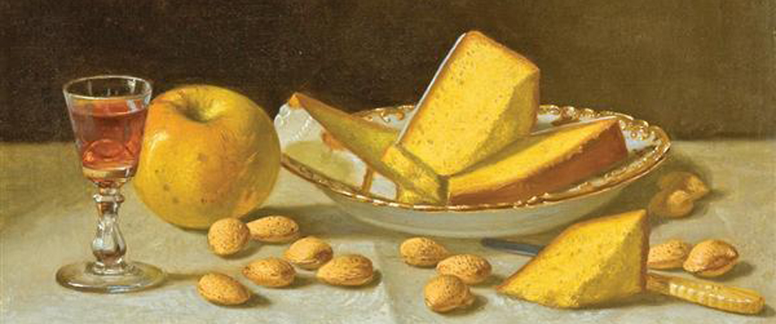 Still life with apple, cake, and nuts by John Francis 1858