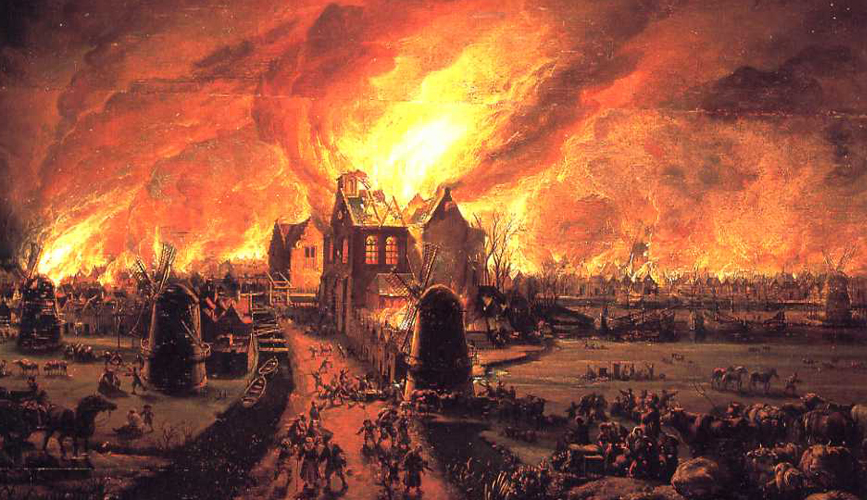 Painting of the big fire in the Dutch Village De Rip by Egbert van der Poel 1662